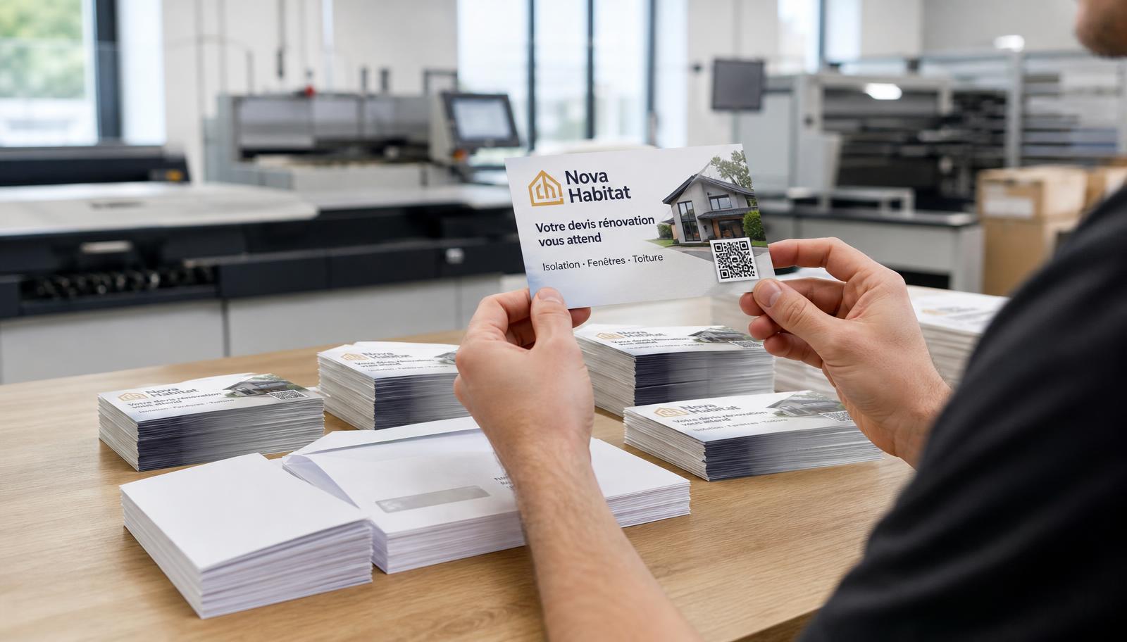 Un opérateur inspecte une carte postale de campagne rénovation dans un atelier de préparation courrier, devant des piles de cartes postales et d'enveloppes.