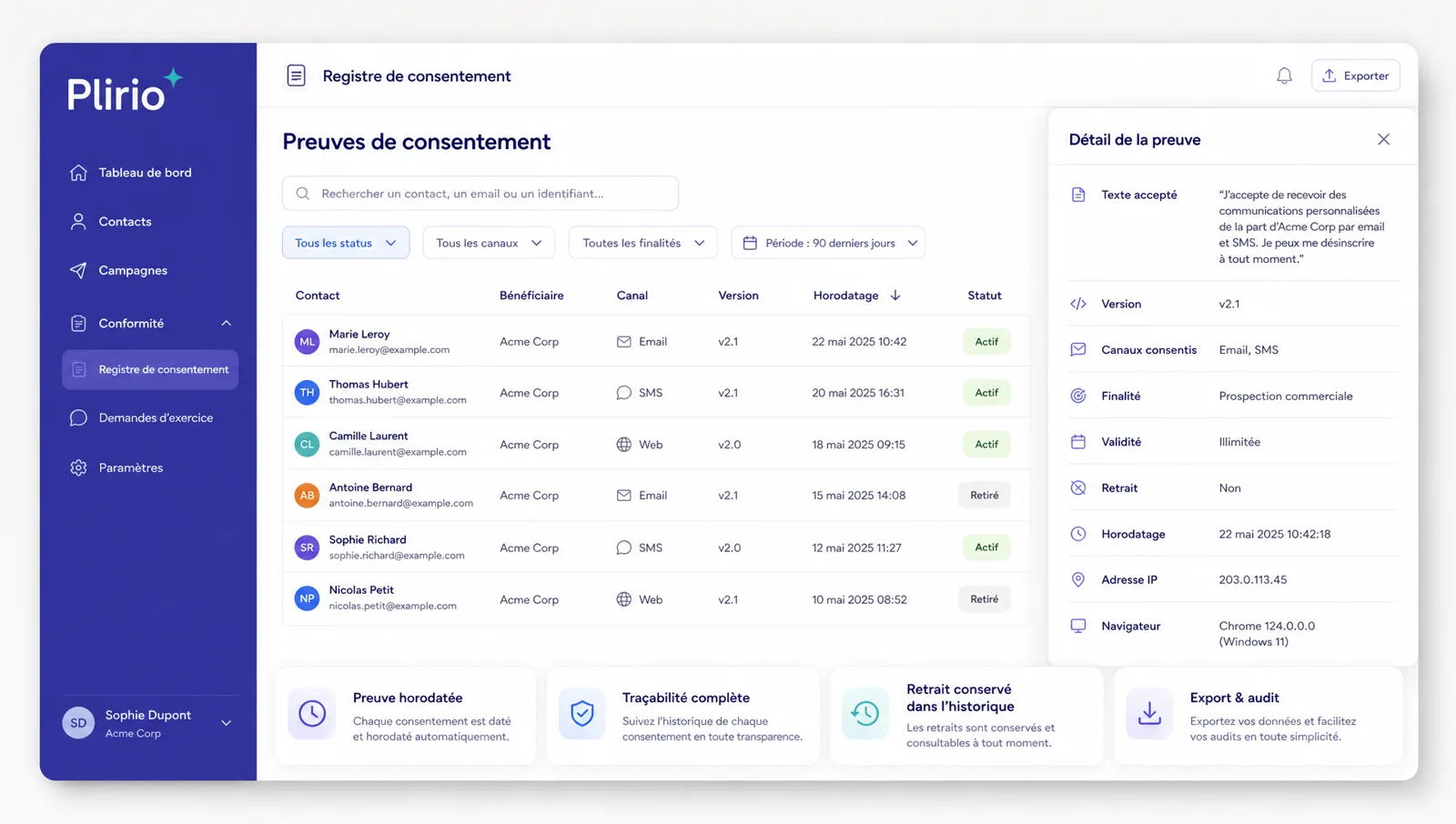 Interface Plirio « Registre de consentement » : liste des preuves de consentement avec bénéficiaire, canal, version, horodatage et statut Actif ou Retiré, panneau de détail affichant le texte accepté et ses métadonnées, et bénéfices Preuve horodatée, Traçabilité complète, Retrait conservé dans l'historique, Export & audit.